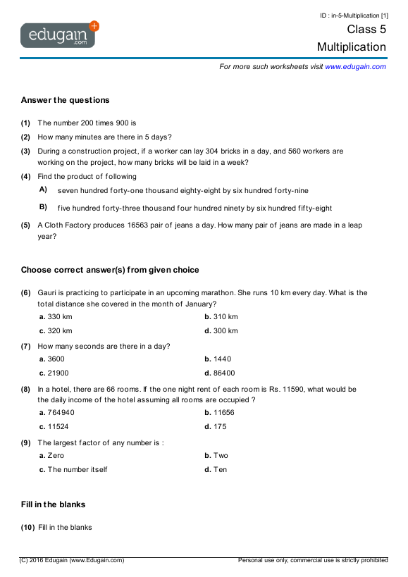 grade 5 multiplication math practice questions tests worksheets quizzes assignments edugain italy
