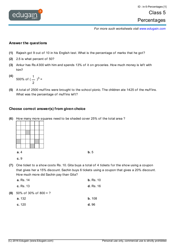 grade 5 percentages math practice questions tests worksheets quizzes assignments edugain italy