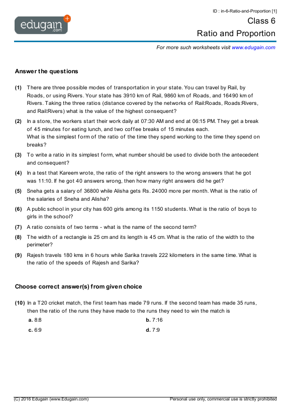 Ratio And Proportion Worksheets With Answers Pdf