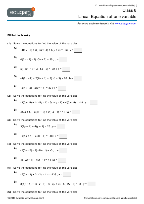 Grade 8 Linear Equations Of One Variable Math Practice Questions Tests Worksheets 2280